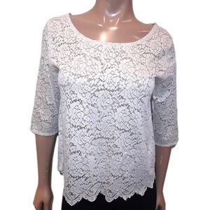 3/$20 TWIK Sheer Floral Lace Blouse Cropped Sleeve Scalloped Ivory White Top
